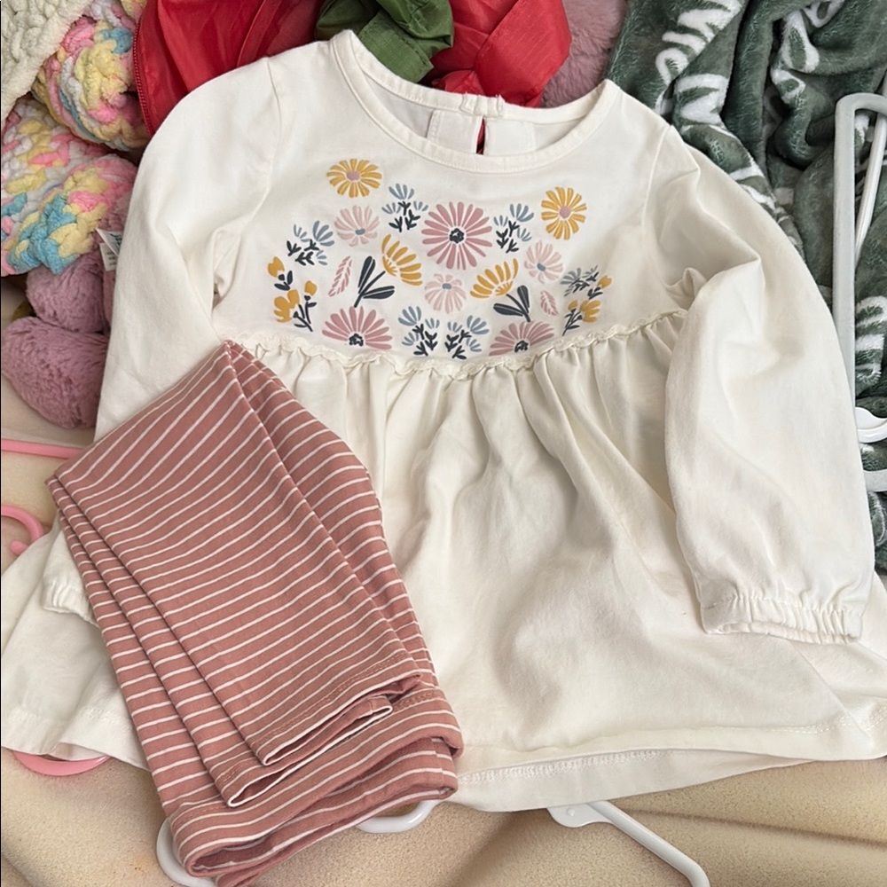 Floral Embroidered Dress with Striped Leggings